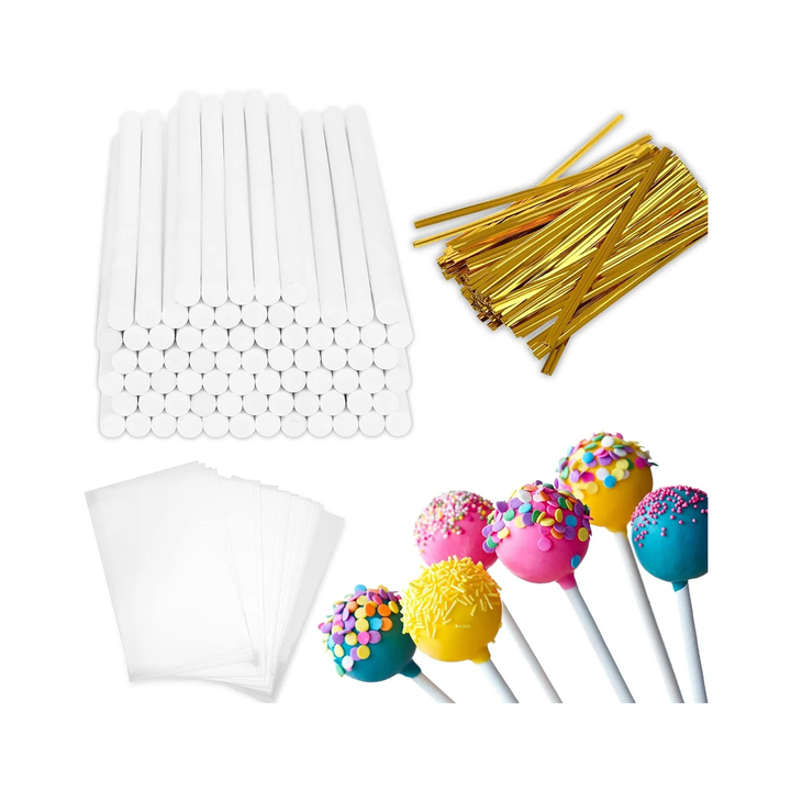 600-PCS Cake Pop Sticks and Wrappers Kit, Including 200pcs 6-inch Paper Lollipop Sticks, 200pcs Parcel Bags, 200pcs Gold Twist Ties for Lollipop, Hard Candy, Chocolate, Marshmallows, and Fruit Skewers