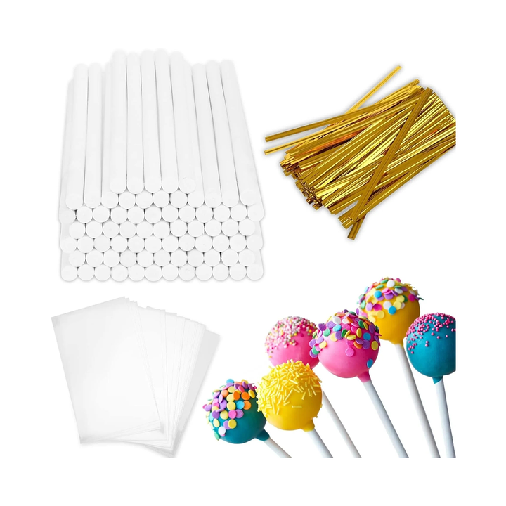 900-PCS Cake Pop Sticks and Wrappers Kit, Including 300pcs 6-inch Paper Lollipop Sticks, 300pcs Parcel Bags, 300pcs Gold Twist Ties for Lollipop, Hard Candy, Chocolate, Marshmallows, and Fruit Skewers