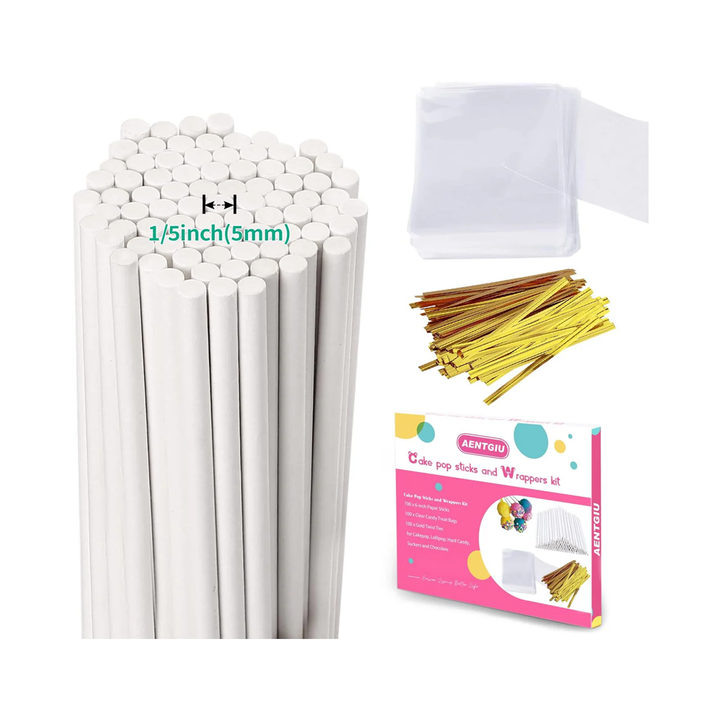 Cake Pop Thick Sticks and Wrappers Kit, Including 100ct 6-inch 5mm Diameter Paper Lollipop Sticks, 100ct Clear Candy Treat Bags Parcel, 100ct Gold Twist Ties for Cakepop, Lollipop, Hard Candy